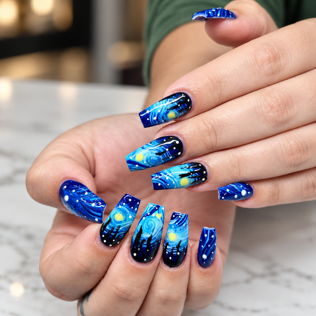 Deep blue galaxy nails